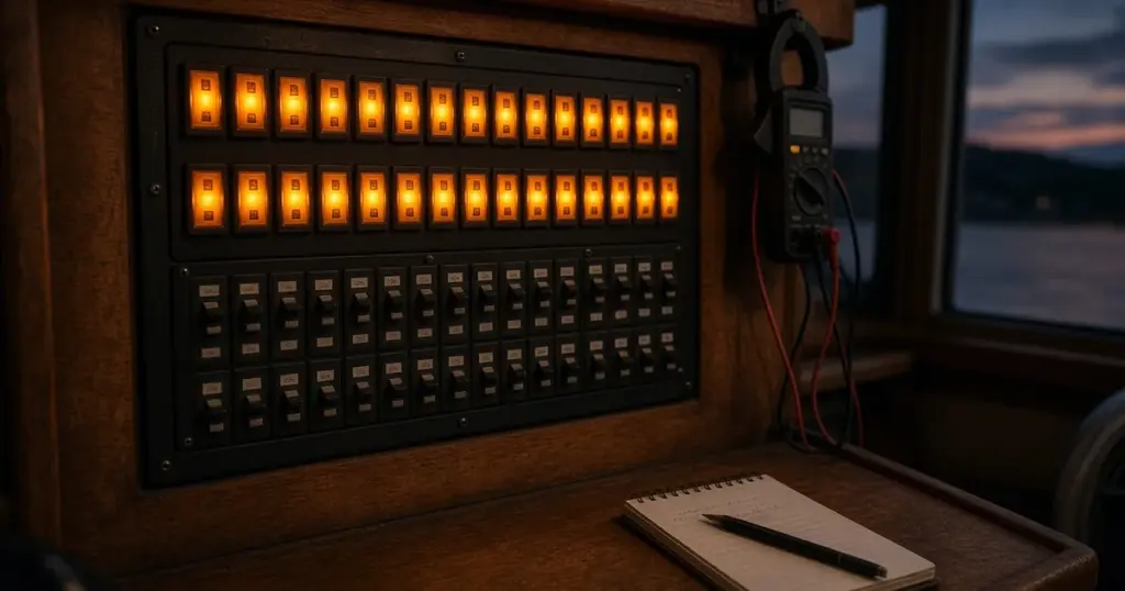 Lit boat switch panel above a notebook and pen at a cabin chart table at dusk