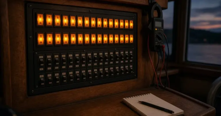 Lit boat switch panel above a notebook and pen at a cabin chart table at dusk
