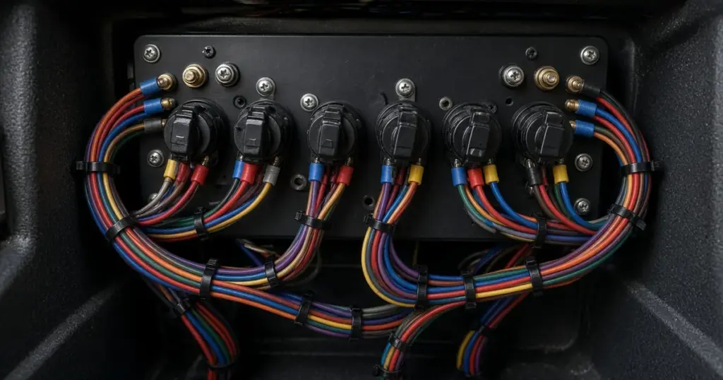 Back of a boat switch panel with color-coded wires bundled to each switch