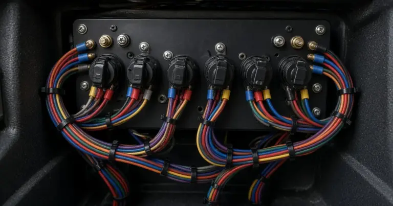Back of a boat switch panel with color-coded wires bundled to each switch
