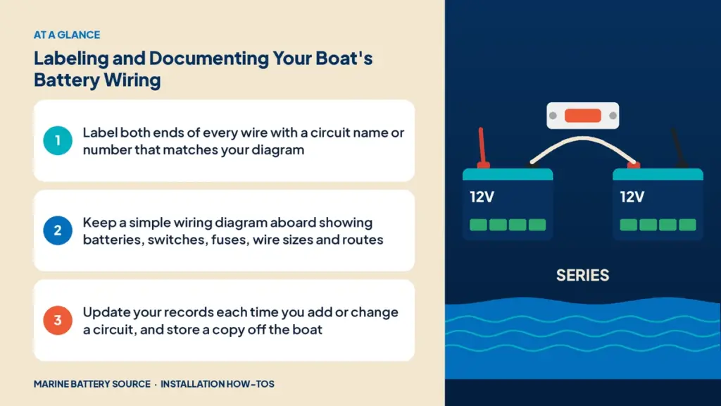 At-a-glance summary: Label both ends of every wire with a circuit name or number that matches your diagram; Keep a simple wiring diagram aboard showing batteries, switches, fuses, wire sizes and routes; Update your records each time you add or change a circuit, and store a copy off the boat