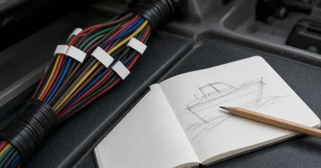 Labeled bundle of colored boat wires beside an open notebook with a pencil sketch of the boat