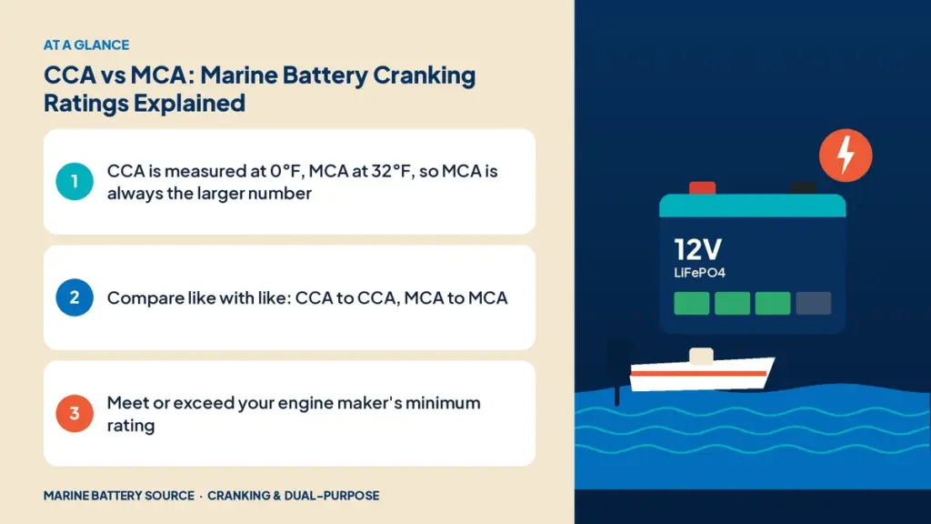 At-a-glance summary: CCA is measured at 0°F, MCA at 32°F, so MCA is always the larger number; Compare like with like: CCA to CCA, MCA to MCA; Meet or exceed your engine maker's minimum rating