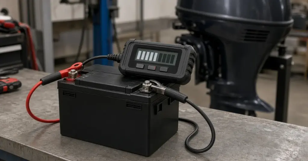 Marine battery connected to a digital battery tester on a shop bench beside an outboard engine