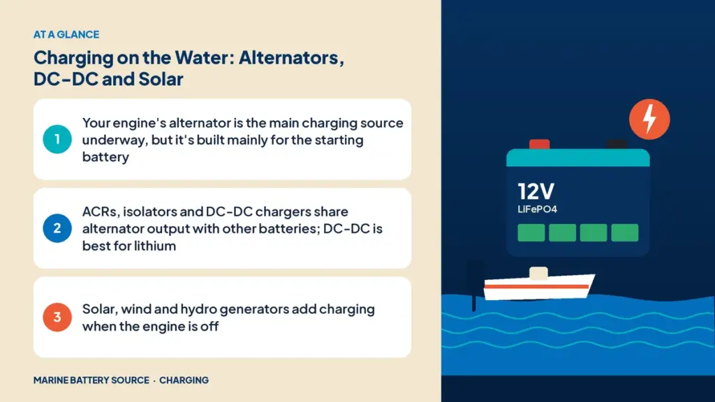 At-a-glance summary: Your engine's alternator is the main charging source underway, but it's built mainly for the starting battery; ACRs, isolators and DC-DC chargers share alternator output with other batteries; DC-DC is best for lithium; Solar, wind and hydro generators add charging when the engine is off