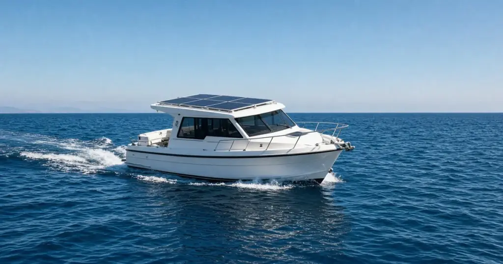 Cabin cruiser with solar panels on its hardtop running across open blue water