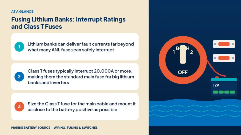 At-a-glance summary: Lithium banks can deliver fault currents far beyond what many ANL fuses can safely interrupt; Class T fuses typically interrupt 20,000A or more, making them the standard main fuse for big lithium banks and inverters; Size the Class T fuse for the main cable and mount it as close to the battery positive as possible