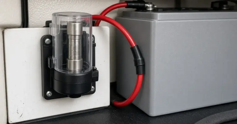 Class T fuse in a clear holder wired with red cable to a lithium battery