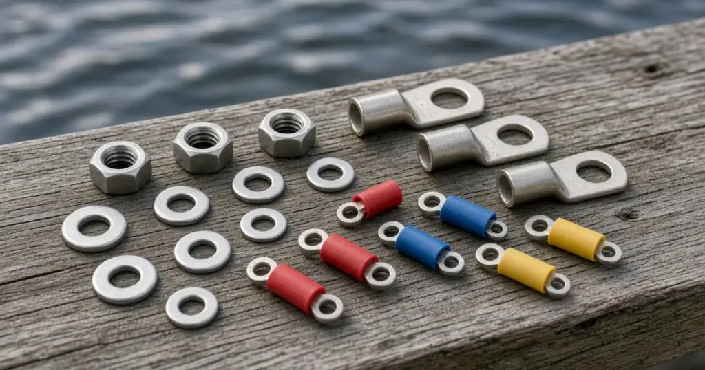 Stainless nuts and washers with tinned lugs and heat-shrink ring terminals on a weathered dock board