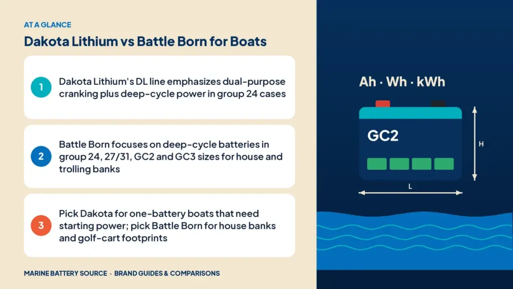 At-a-glance summary: Dakota Lithium's DL line emphasizes dual-purpose cranking plus deep-cycle power in group 24 cases; Battle Born focuses on deep-cycle batteries in group 24, 27/31, GC2 and GC3 sizes for house and trolling banks; Pick Dakota for one-battery boats that need starting power; pick Battle Born for house banks and golf-cart footprints