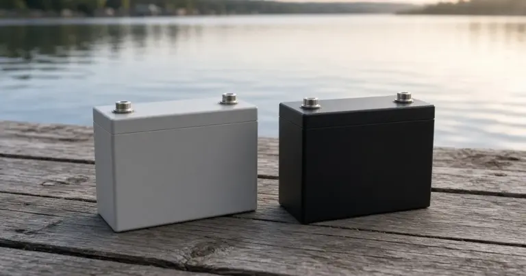 Gray and black lithium batteries side by side on a weathered dock by a lake