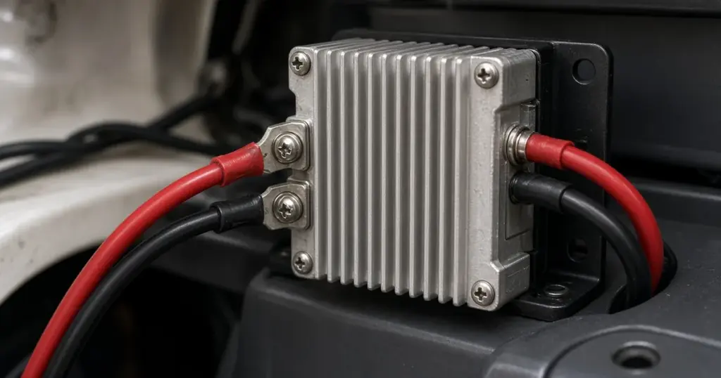 Finned aluminum DC-DC charger mounted in a boat compartment with red and black cables