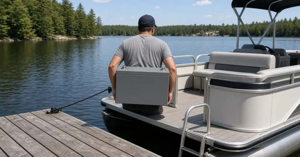 Boater carrying a lithium battery onto a pontoon at a lake dock, seen from behind