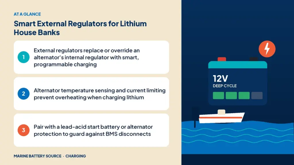 At-a-glance summary: External regulators replace or override an alternator's internal regulator with smart, programmable charging; Alternator temperature sensing and current limiting prevent overheating when charging lithium; Pair with a lead-acid start battery or alternator protection to guard against BMS disconnects