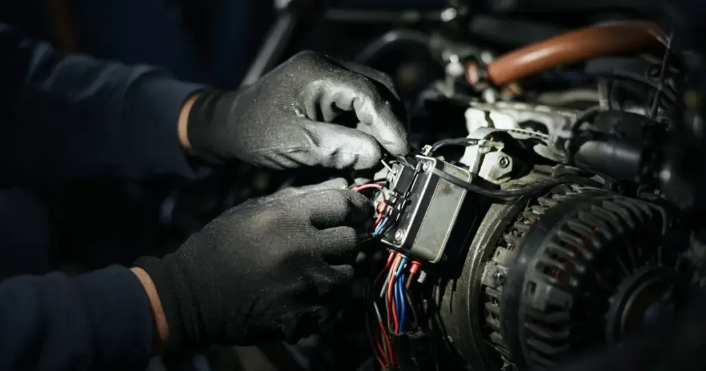 Gloved hands wiring an external regulator beside an alternator on a marine engine