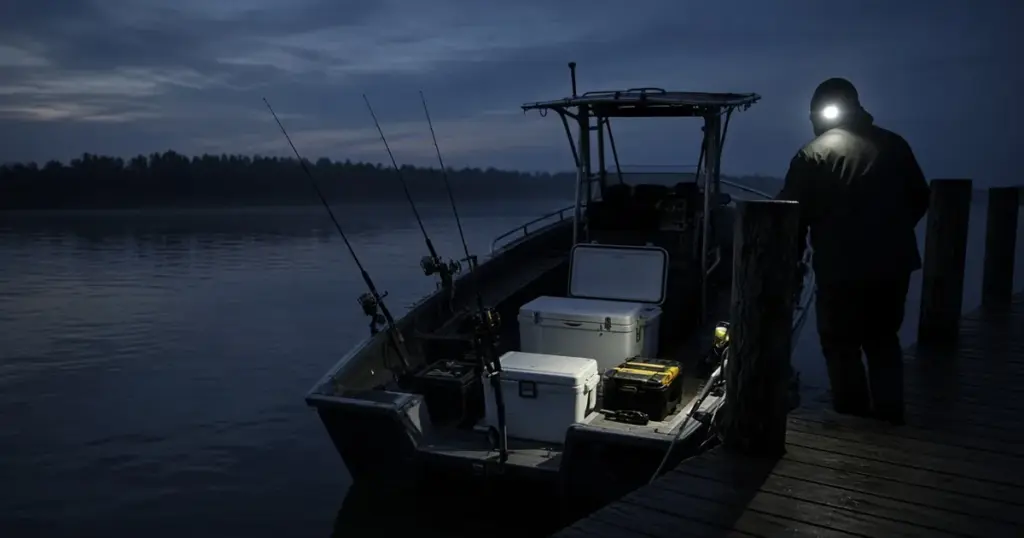 Angler with a headlamp loading gear onto a center console at a dock before dawn