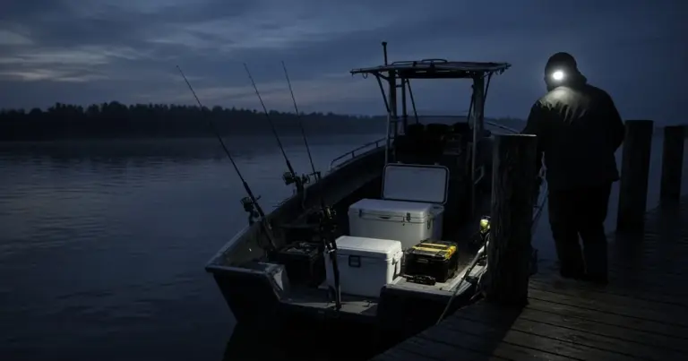 Angler with a headlamp loading gear onto a center console at a dock before dawn