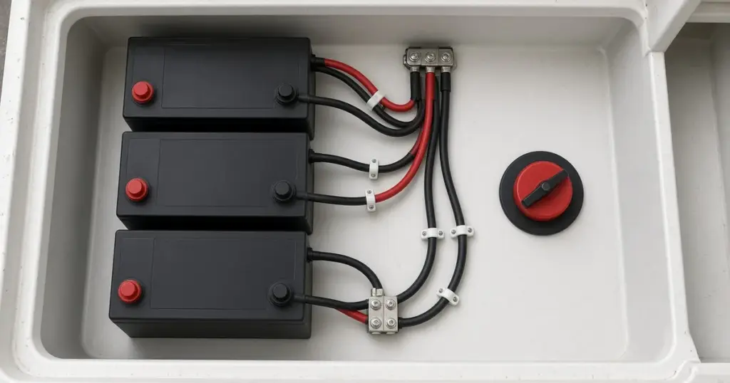 Three batteries wired to a battery switch in a white boat compartment