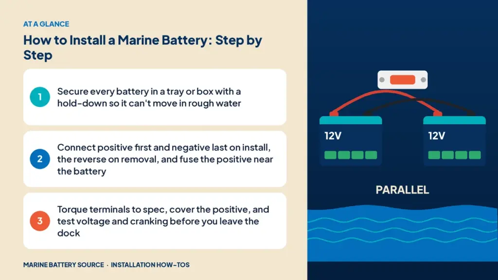 At-a-glance summary: Secure every battery in a tray or box with a hold-down so it can't move in rough water; Connect positive first and negative last on install, the reverse on removal, and fuse the positive near the battery; Torque terminals to spec, cover the positive, and test voltage and cranking before you leave the dock