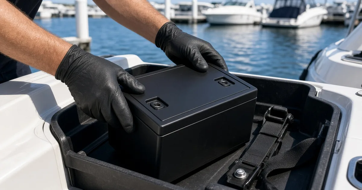 Gloved hands lowering a new marine battery into a strapped battery tray on a boat at a marina
