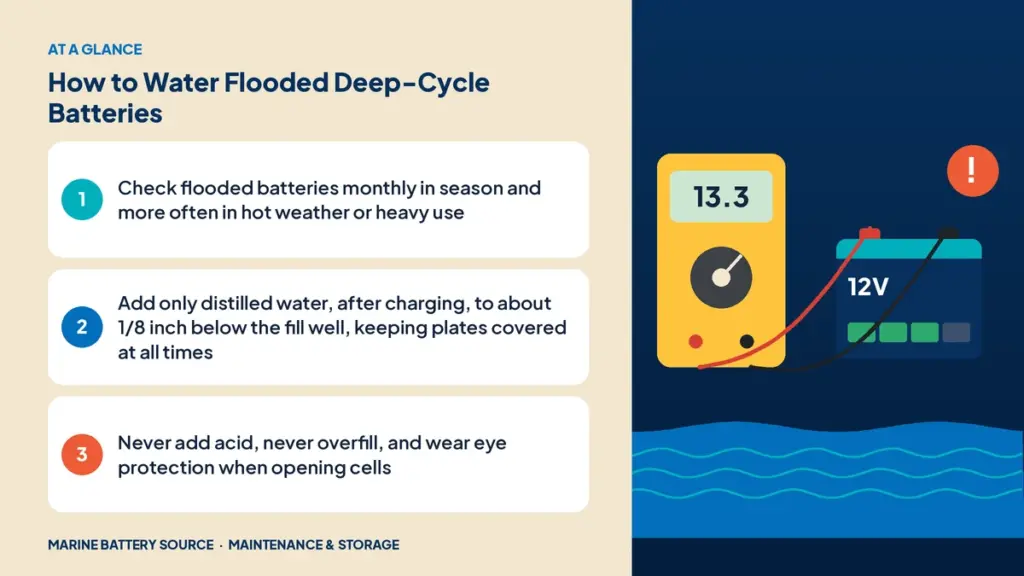 At-a-glance summary: Check flooded batteries monthly in season and more often in hot weather or heavy use; Add only distilled water, after charging, to about 1/8 inch below the fill well, keeping plates covered at all times; Never add acid, never overfill, and wear eye protection when opening cells