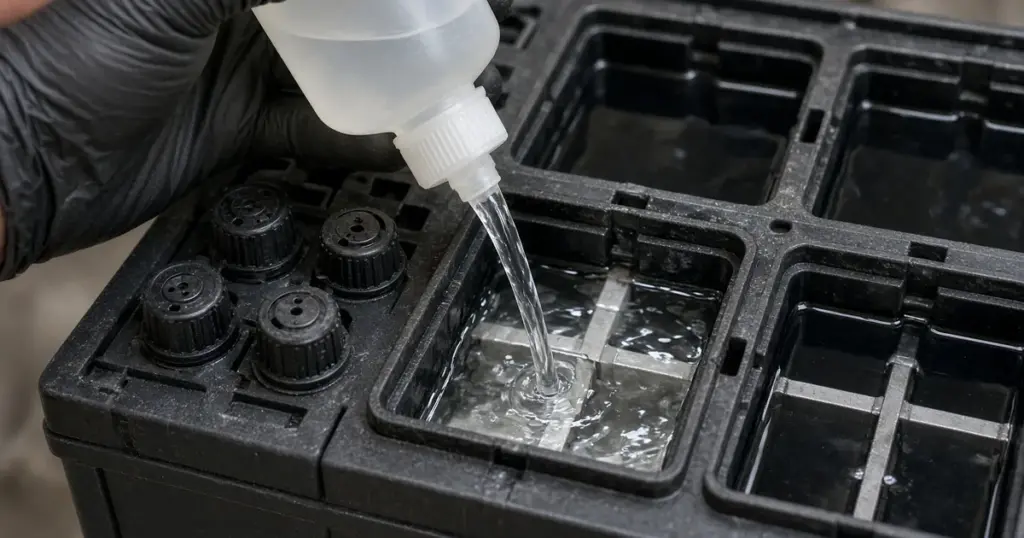 Gloved hand pouring distilled water from a squeeze bottle into an open flooded battery cell