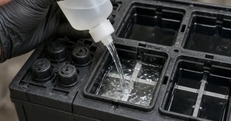 Gloved hand pouring distilled water from a squeeze bottle into an open flooded battery cell
