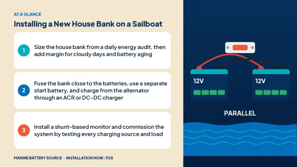 At-a-glance summary: Size the house bank from a daily energy audit, then add margin for cloudy days and battery aging; Fuse the bank close to the batteries, use a separate start battery, and charge from the alternator through an ACR or DC-DC charger; Install a shunt-based monitor and commission the system by testing every charging source and load