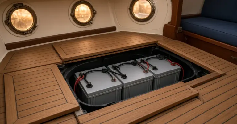 Sailboat cabin sole lifted to show a house bank of four batteries under brass portlights