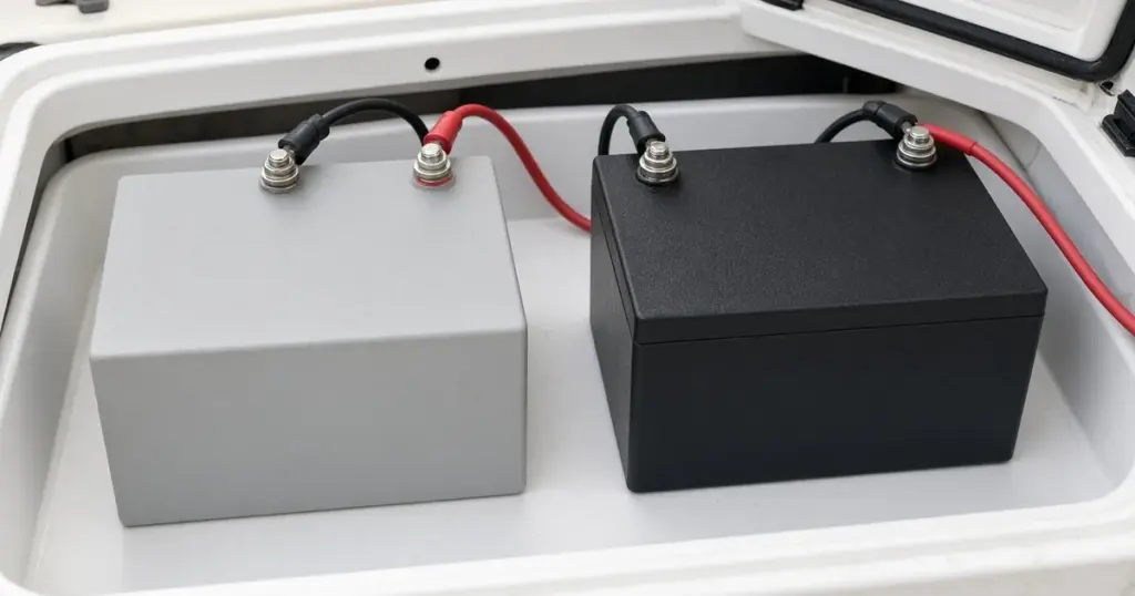 Lithium battery and AGM battery side by side in a white boat compartment