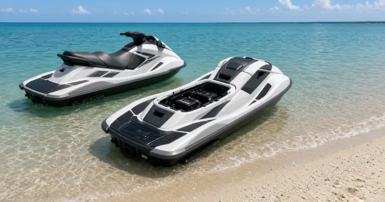 Two personal watercraft beached in clear shallow water on a sandy shore, one with its seat removed
