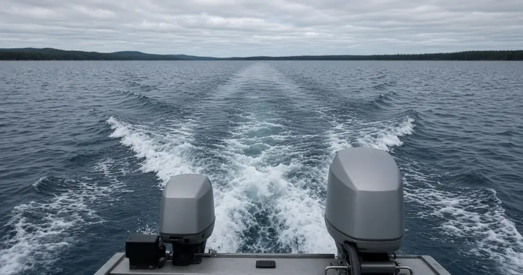 Kicker outboard beside a main outboard on a boat's transom with a wake behind