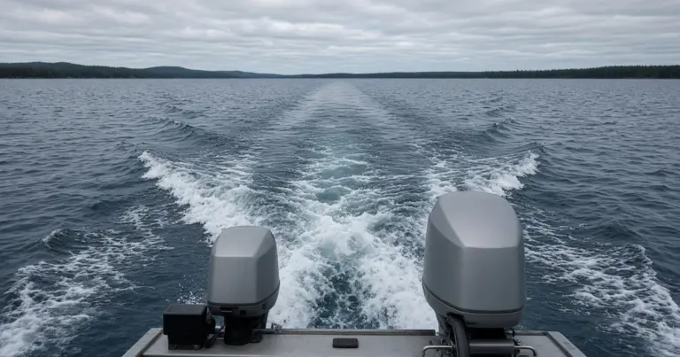 Kicker outboard beside a main outboard on a boat's transom with a wake behind