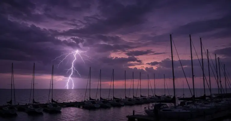 Lightning strike over a marina full of sailboat masts at dusk