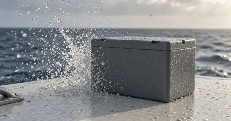 Seawater splashing over a sealed lithium battery on a boat deck