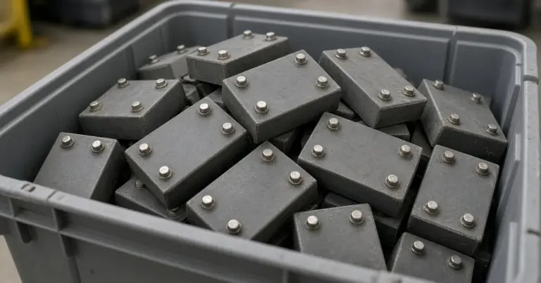 Bin filled with used lithium battery modules for recycling