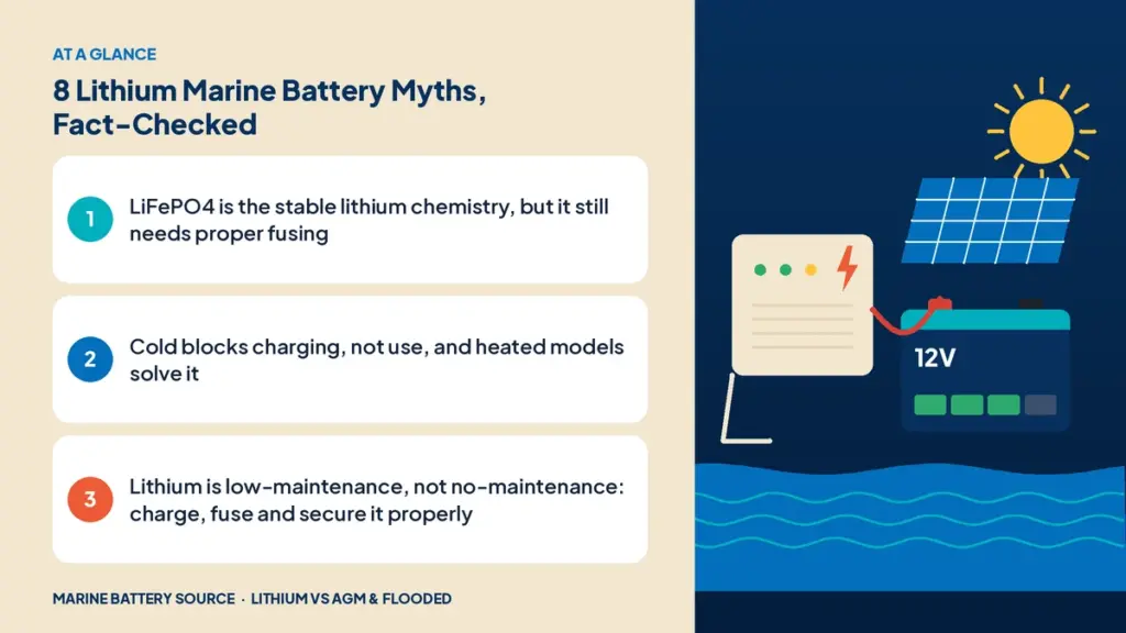At-a-glance summary: LiFePO4 is the stable lithium chemistry, but it still needs proper fusing; Cold blocks charging, not use, and heated models solve it; Lithium is low-maintenance, not no-maintenance: charge, fuse and secure it properly