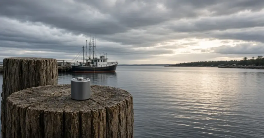 Calm harbor under a dramatic cloudy sky with a weathered wooden piling in the foreground and a fishing boat in the distance