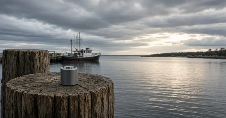 Calm harbor under a dramatic cloudy sky with a weathered wooden piling in the foreground and a fishing boat in the distance