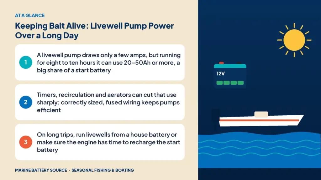 At-a-glance summary: A livewell pump draws only a few amps, but running for eight to ten hours it can use 20–50Ah or more, a big share of a start battery; Timers, recirculation and aerators can cut that use sharply; correctly sized, fused wiring keeps pumps efficient; On long trips, run livewells from a house battery or make sure the engine has time to recharge the start battery