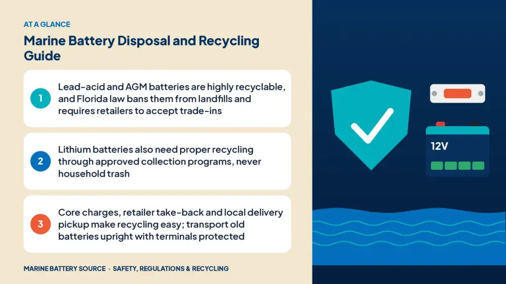 At-a-glance summary: Lead-acid and AGM batteries are highly recyclable, and Florida law bans them from landfills and requires retailers to accept trade-ins; Lithium batteries also need proper recycling through approved collection programs, never household trash; Core charges, retailer take-back and old-battery pickup at installation make recycling easy; transport old batteries upright with terminals protected