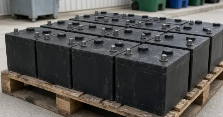Pallet stacked with used lead-acid batteries at a recycling area
