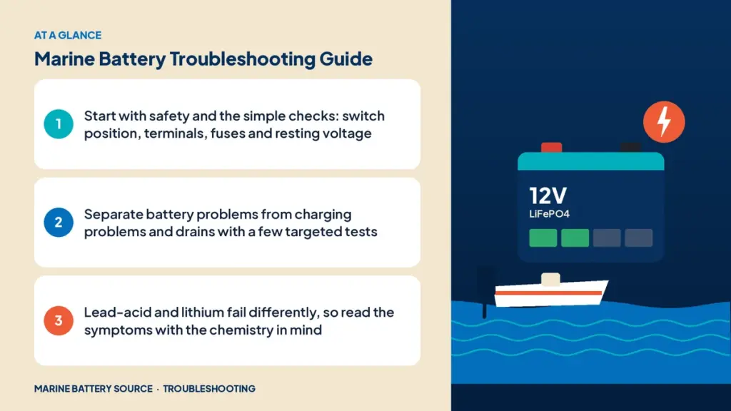 At-a-glance summary: Start with safety and the simple checks: switch position, terminals, fuses and resting voltage; Separate battery problems from charging problems and drains with a few targeted tests; Lead-acid and lithium fail differently, so read the symptoms with the chemistry in mind