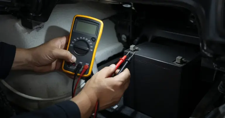 Hands testing a battery in a boat compartment with a yellow multimeter