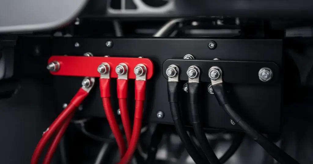 Red positive busbar and black negative busbar with ring lugs mounted in a boat compartment