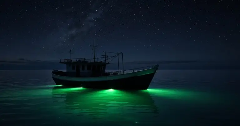 Fishing boat glowing with green underwater lights on calm water at night