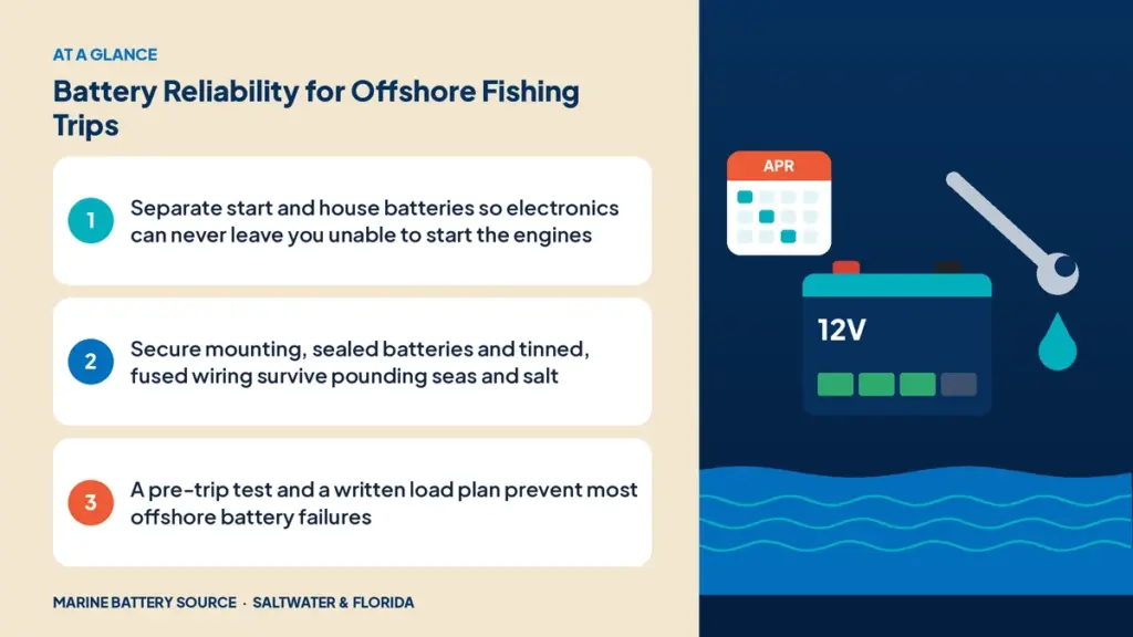 At-a-glance summary: Separate start and house batteries so electronics can never leave you unable to start the engines; Secure mounting, sealed batteries and tinned, fused wiring survive pounding seas and salt; A pre-trip test and a written load plan prevent most offshore battery failures