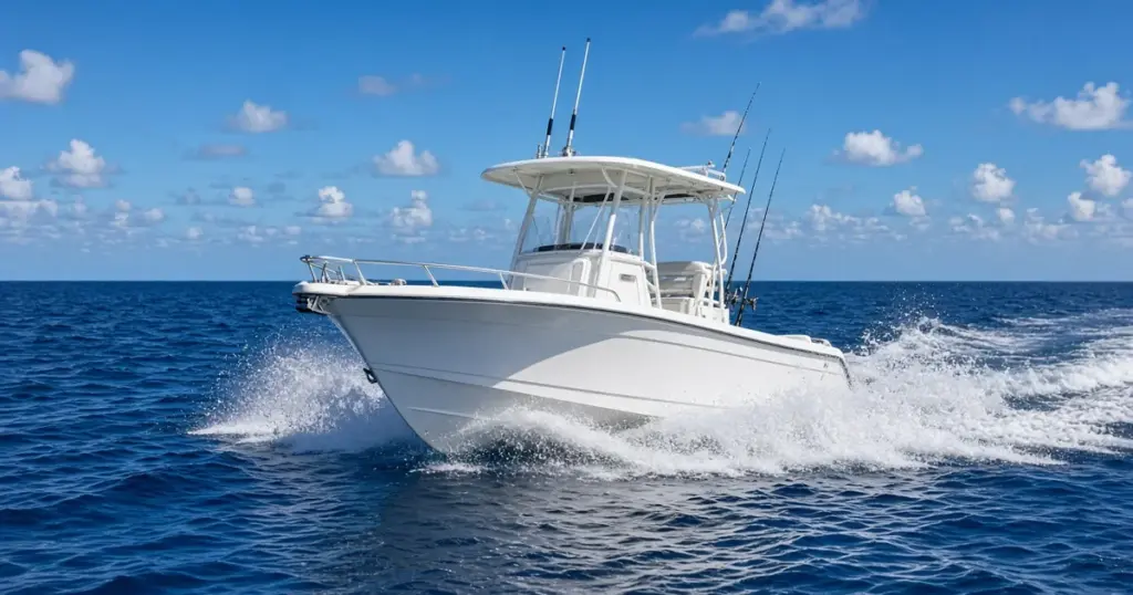 Center console with outriggers running fast across deep blue offshore water