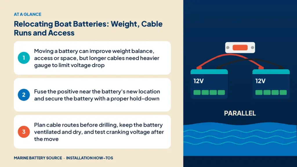 At-a-glance summary: Moving a battery can improve weight balance, access or space, but longer cables need heavier gauge to limit voltage drop; Fuse the positive near the battery's new location and secure the battery with a proper hold-down; Plan cable routes before drilling, keep the battery ventilated and dry, and test cranking voltage after the move