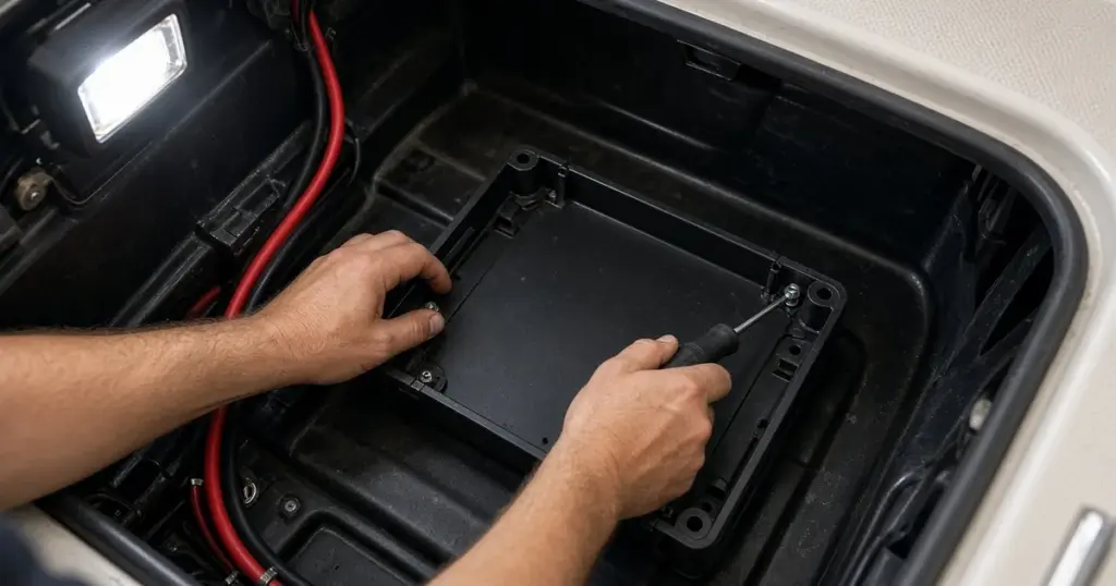 Hands fastening a battery tray in a new spot inside a boat compartment, with red cable routed in